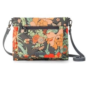 Sakroots Camden Small Crossbody in Cotton Uncoated Canvas, Charcoal Flower Power